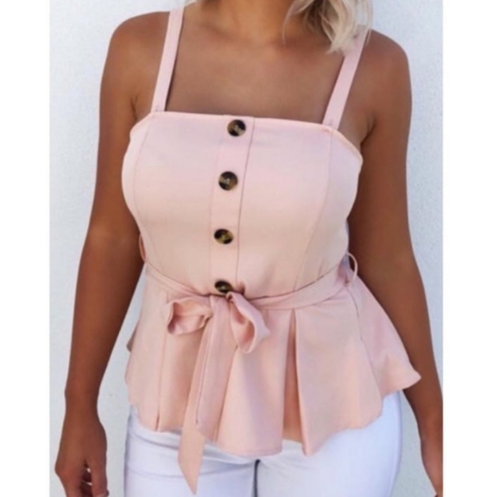 . Shop Hope's Boutique Blush Pink Smocked Peplum Button Tie Top